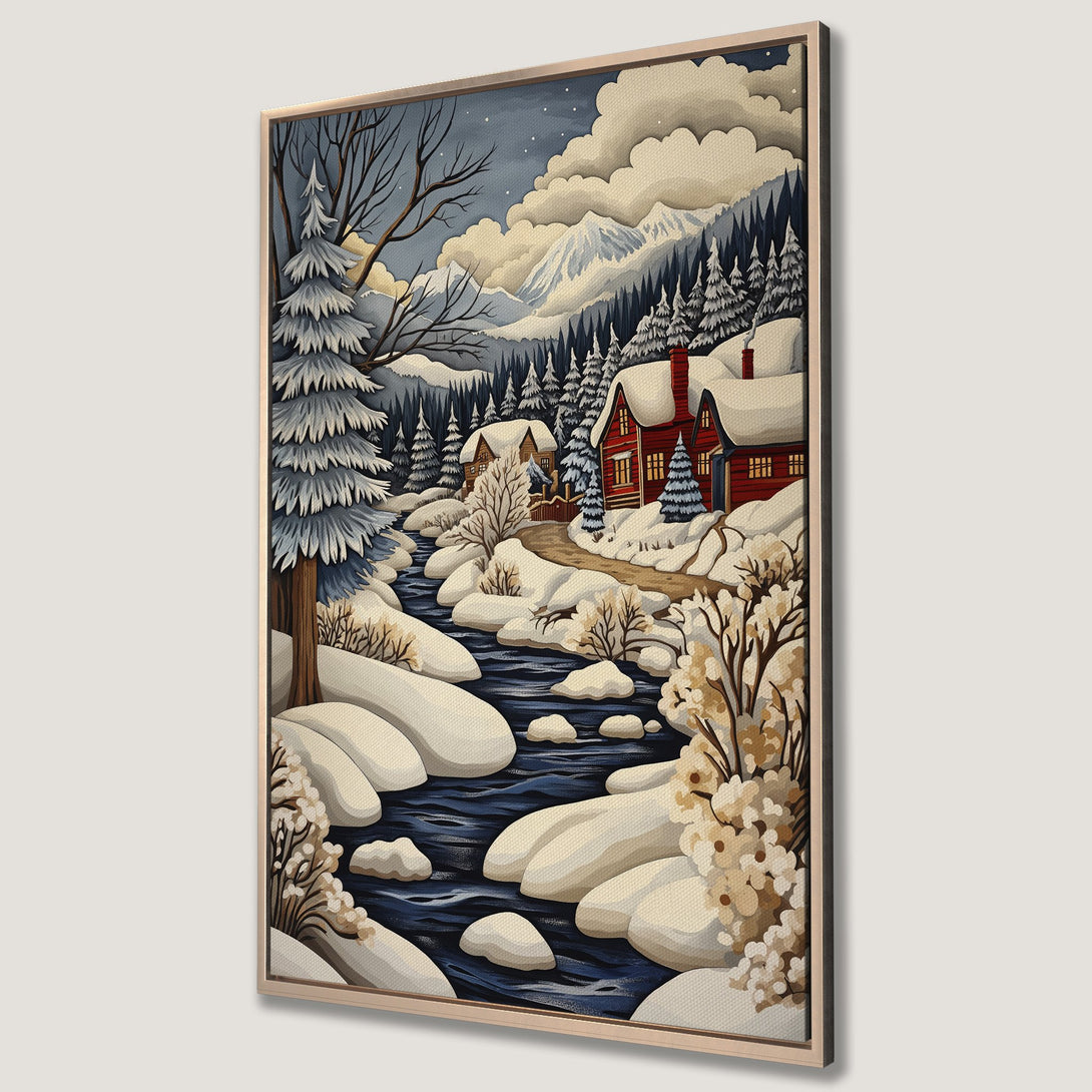 Framed Wall Art: Winter landscape Canvas Print with red cabins, snowy river, and blue/white/brown color palette. Perfect for cozy home decor!