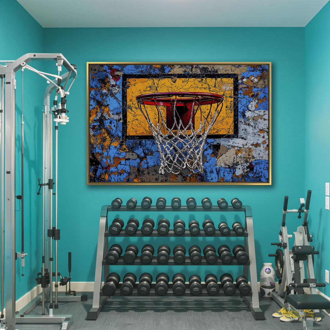 Abstract basketball hoop Canvas Print in a gym. Blue, yellow, and red color palette. Modern wall art for sports fans.