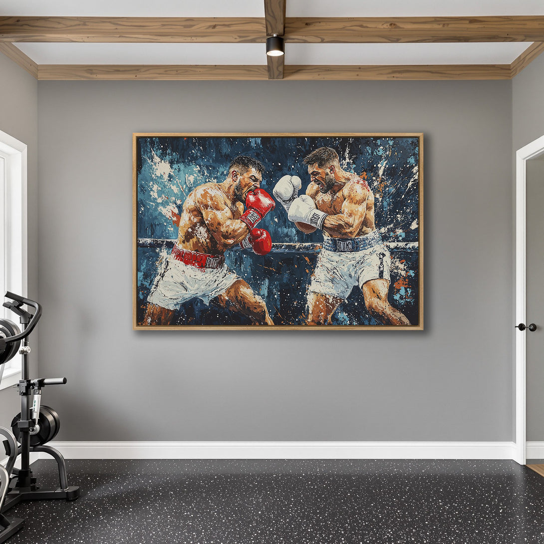Framed Wall Art: Dynamic boxing match in a modern style. Bold blue, red, and white color palette. Perfect for a home gym or sports-themed space.