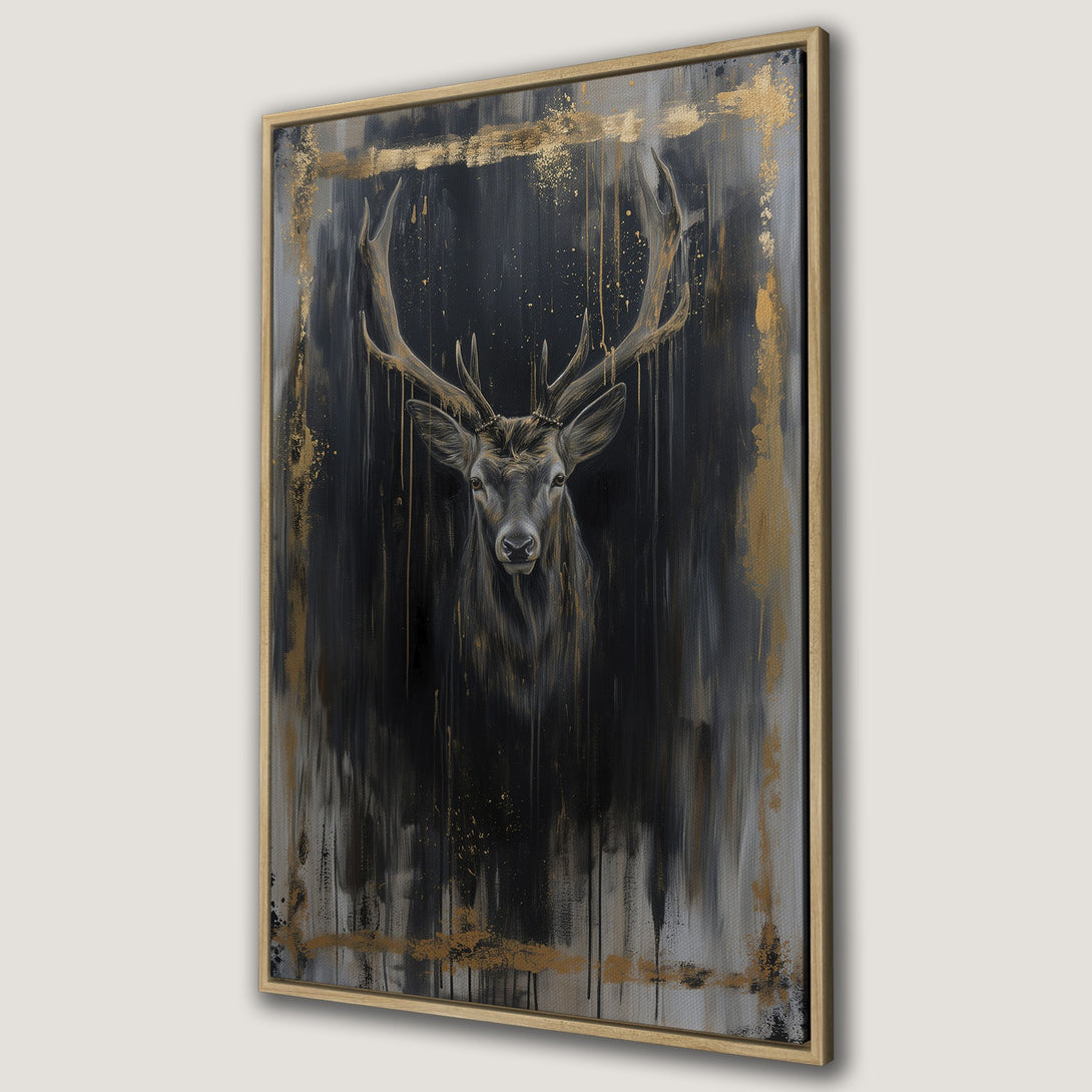 Framed Wall Art: Majestic stag portrait in a modern, abstract style. Dramatic black, gray, and gold color palette. Elevate your home decor with this stunning canvas print.