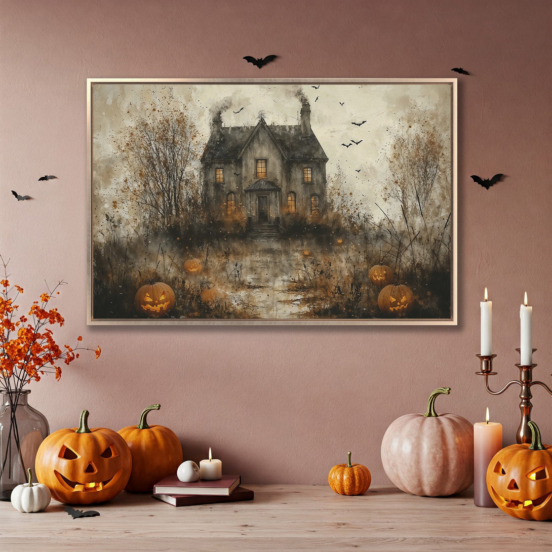 Framed Wall Art: Spooky Halloween house painting in watercolor style, warm orange & brown tones. Perfect for fall decor!