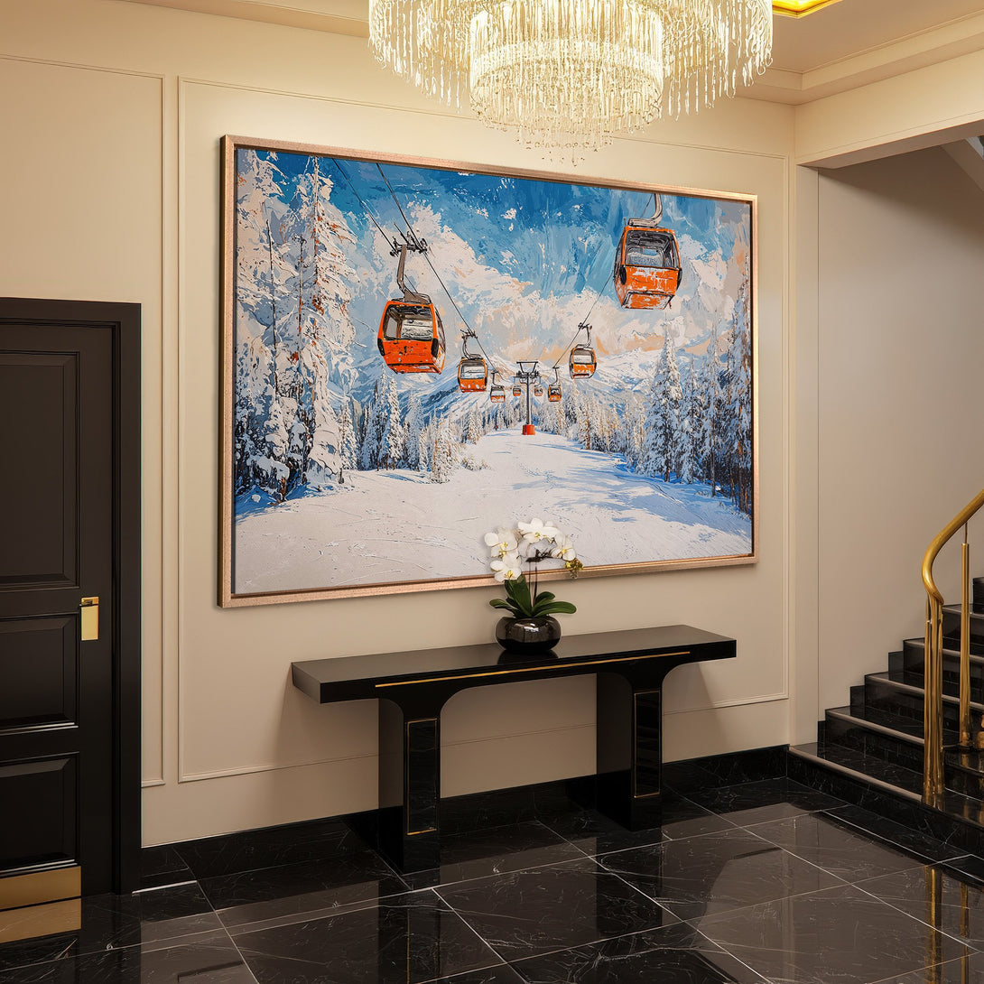 Framed Wall Art of a winter ski scene with orange gondolas and snowy mountains. Blue, white, and orange color palette. Perfect for modern decor.