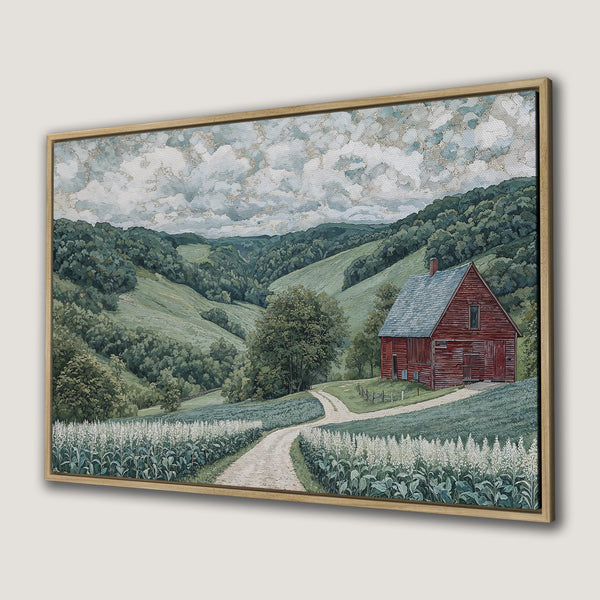 Framed Wall Art: Rustic landscape Canvas Print with a red barn, green hills, and a serene, watercolor-style color palette. Perfect for adding a touch of nature.
