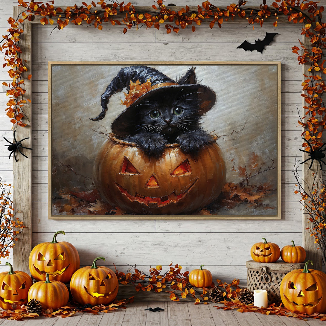 Framed Wall Art: Adorable black cat in a witch hat inside a pumpkin. Warm orange and brown palette, perfect for Halloween decor.