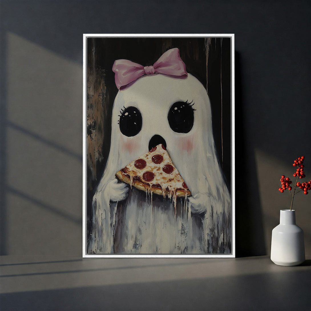 Framed Wall Art: Whimsical ghost eating pizza. Playful illustration in a dark, moody aesthetic with pink and white accents. Perfect for adding personality to your space!