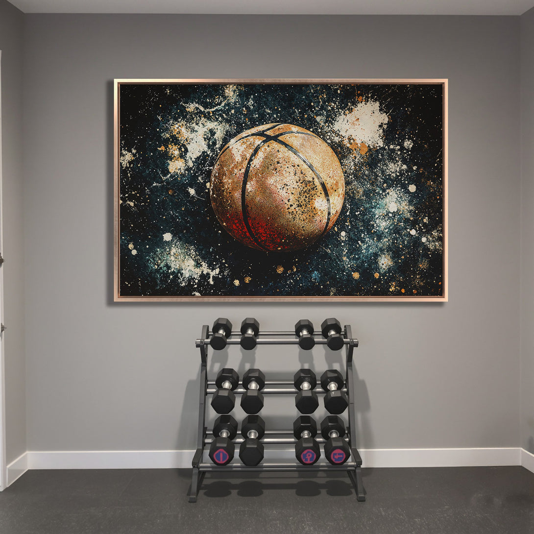 Framed Wall Art: Abstract basketball art in a modern style with a teal, orange, and gold color palette. Perfect for a sports-themed space.