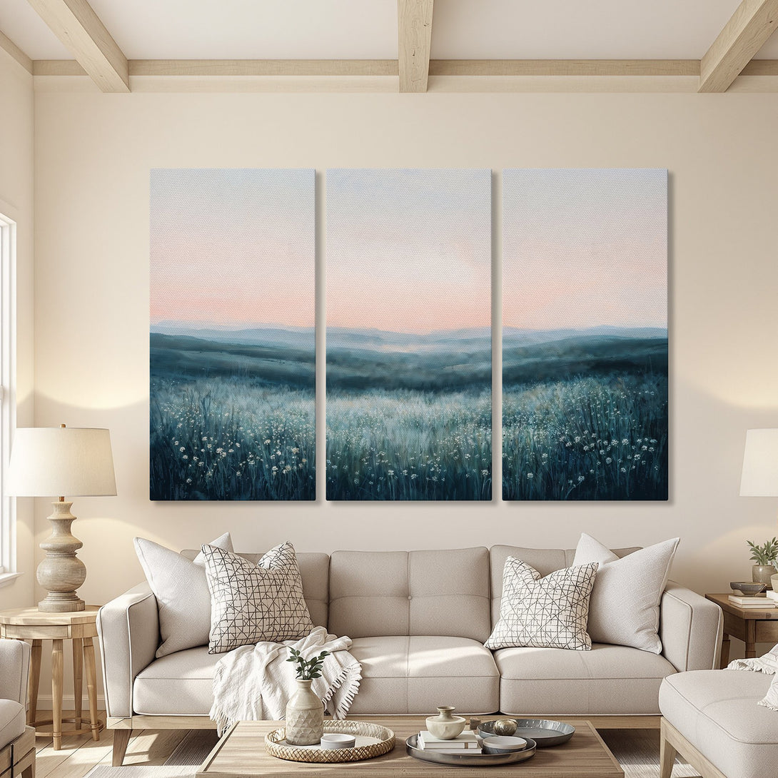 Canvas Print of a serene landscape painting in teal and blush tones. Modern art for your home.