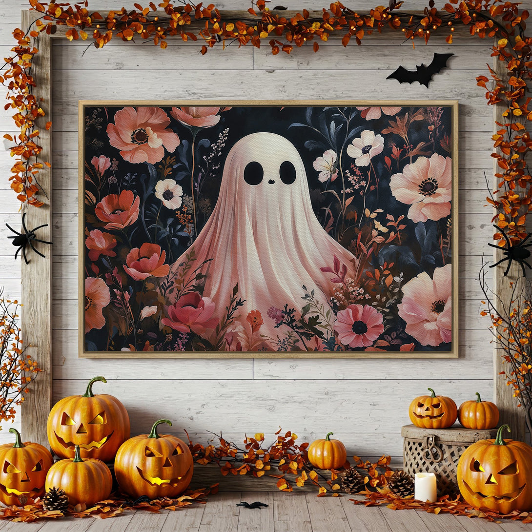 Framed Wall Art: Spooky ghost art with floral accents in a blush and dark teal color palette, perfect for Halloween decor.