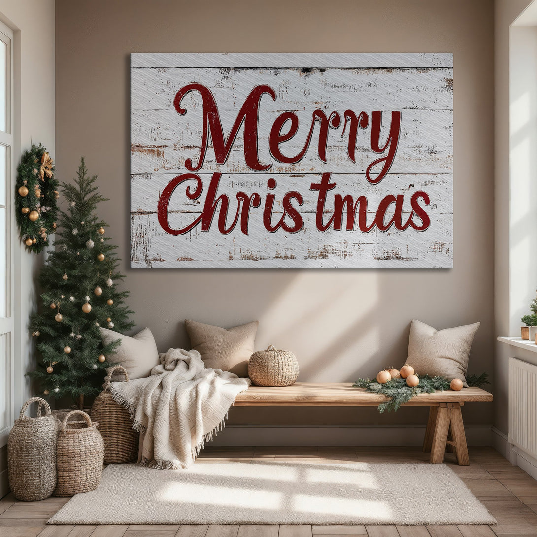 Framed Wall Art: "Merry Christmas" in red script on a rustic white wood background. Perfect holiday decor, warm & inviting, neutral color palette.