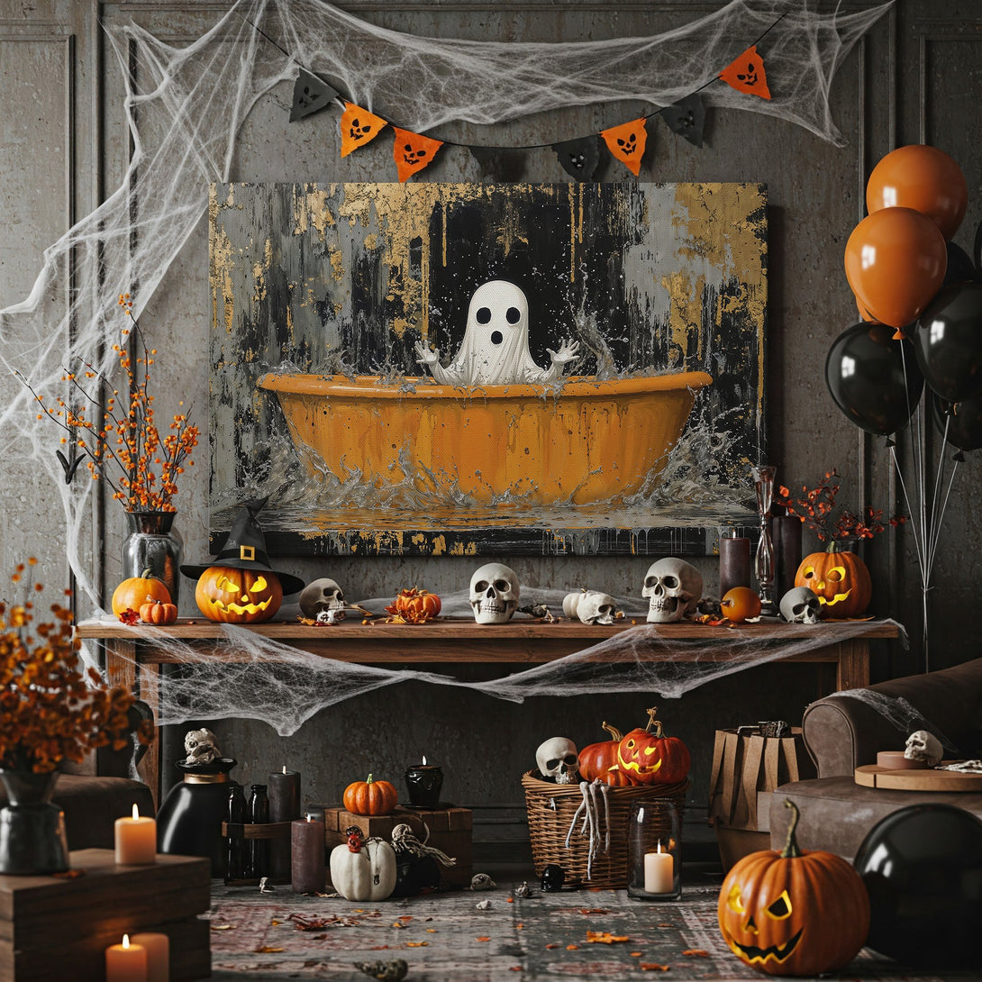 Framed Wall Art: Halloween ghost in a bathtub, abstract style, with a gold, black, and orange color palette. Perfect spooky decor!