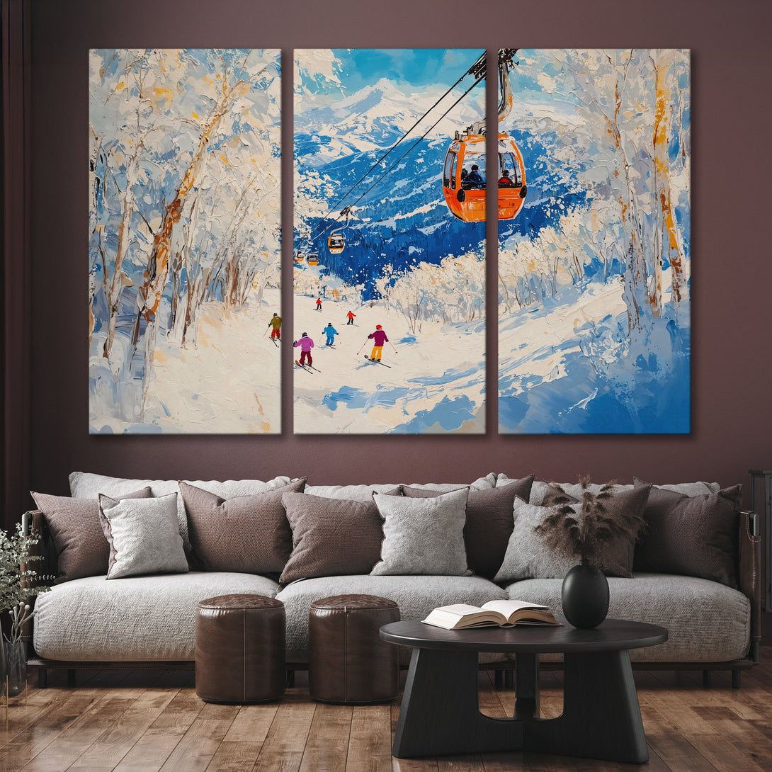 Canvas Print of a vibrant winter ski scene, showcasing a textured, impressionistic style with blue, white, and orange hues. Ideal wall art for home decor.