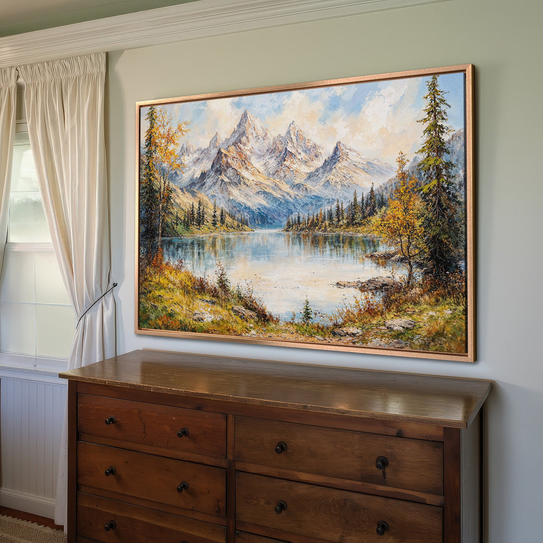 Framed Wall Art: Mountain landscape Canvas Print with a warm, natural color palette. Perfect for adding a touch of nature-inspired art to your home decor.
