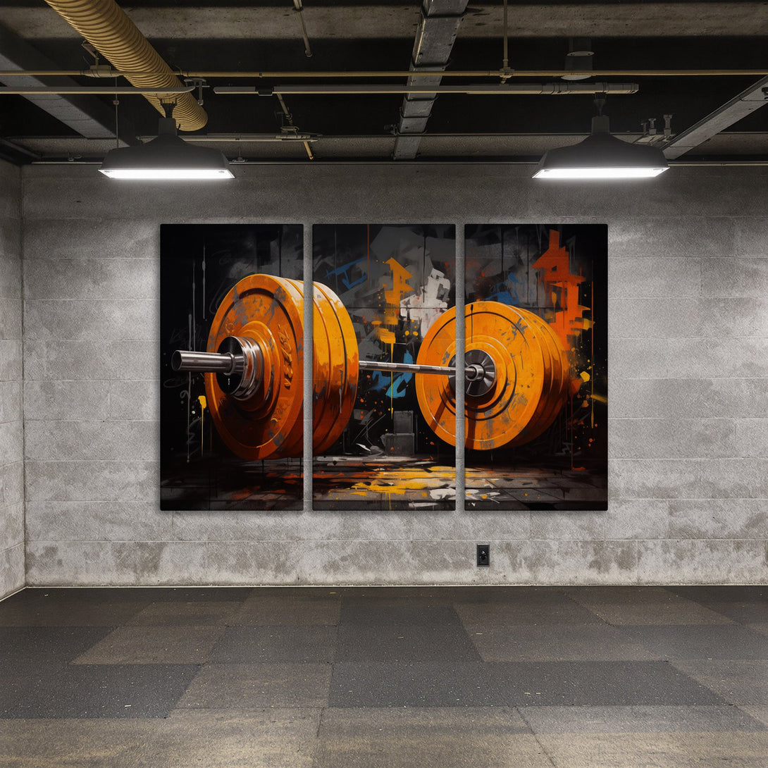 Abstract barbell Canvas Print in orange and black, perfect for a gym or fitness space. Modern art style.