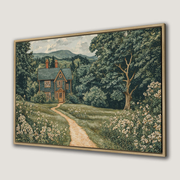 Framed Wall Art: Vintage landscape Canvas Print featuring a charming house and path with a green and earthy color palette. Perfect for adding a touch of nature.