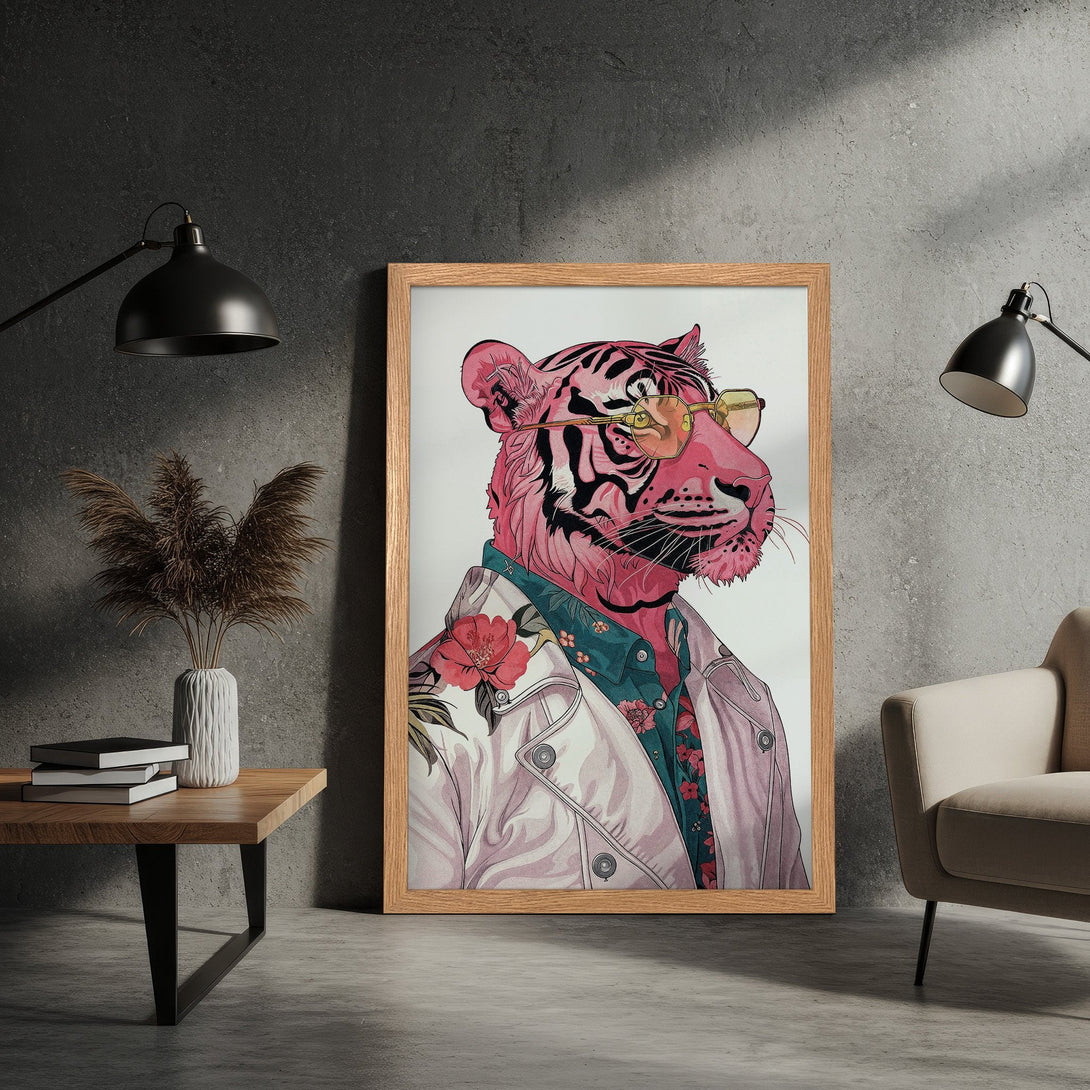 Framed Poster featuring a stylish tiger in pink and teal, modern art print for home decor.
