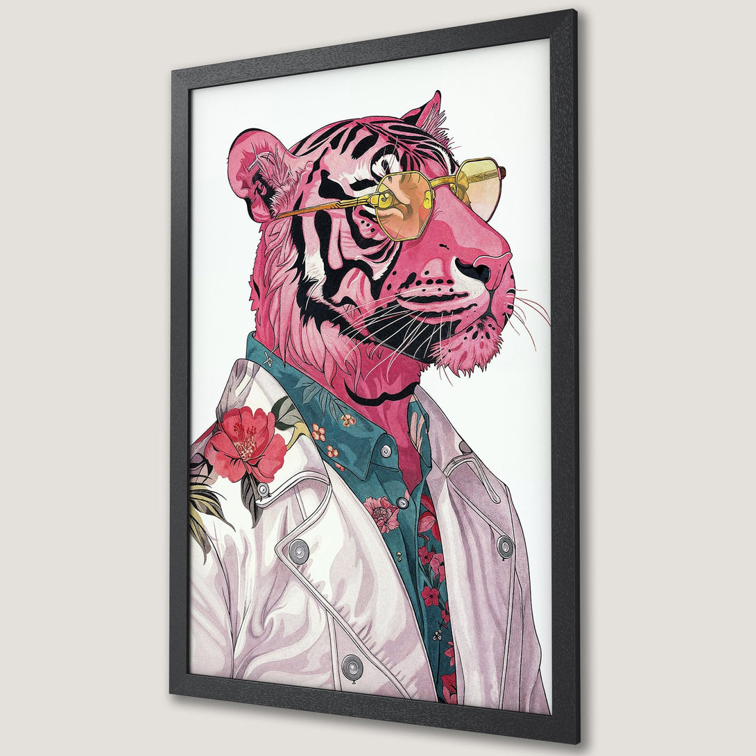 Framed Poster featuring a stylish pink tiger wearing sunglasses, watercolor style, with a floral shirt. Modern wall art decor.