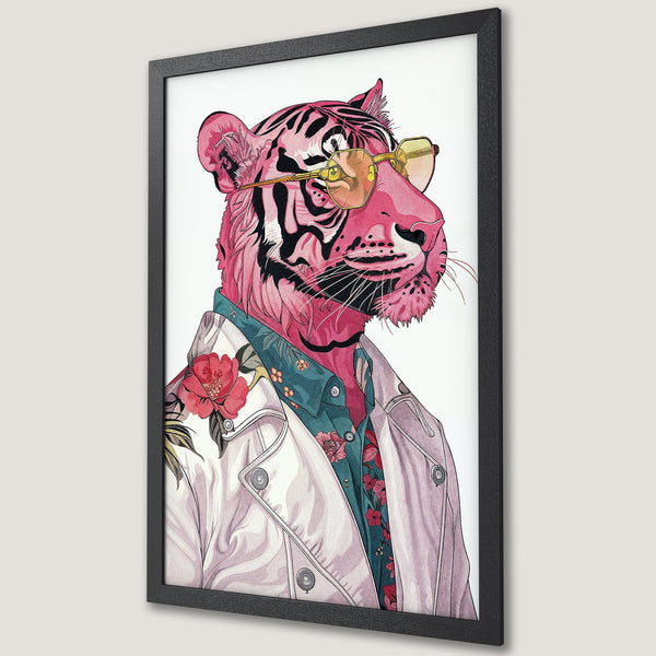 Framed Poster featuring a stylish pink tiger wearing sunglasses, watercolor style, with a floral shirt. Modern wall art decor.