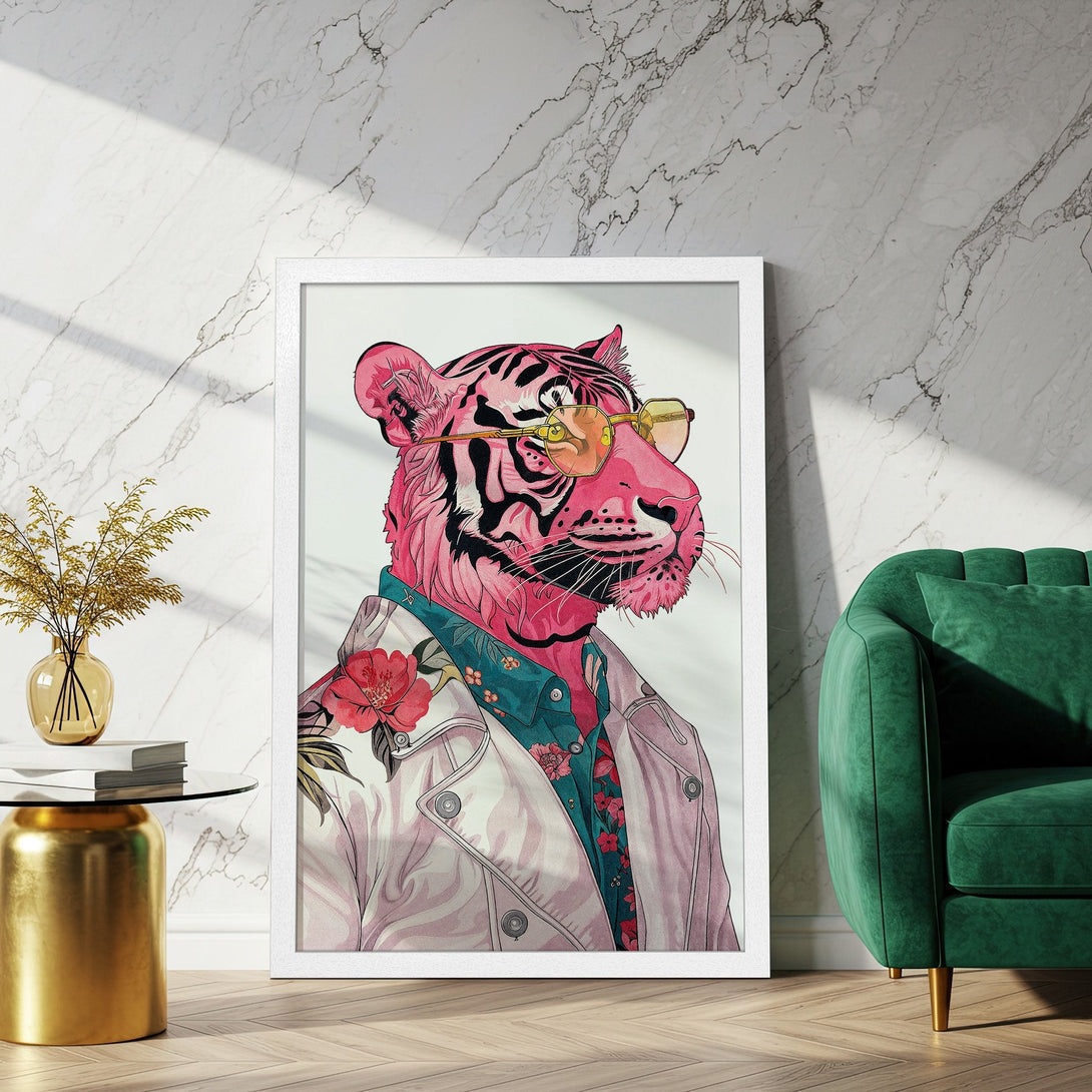Framed Poster featuring a stylish tiger in pink & black. Modern art print with a bold, colorful palette. Perfect wall decor.