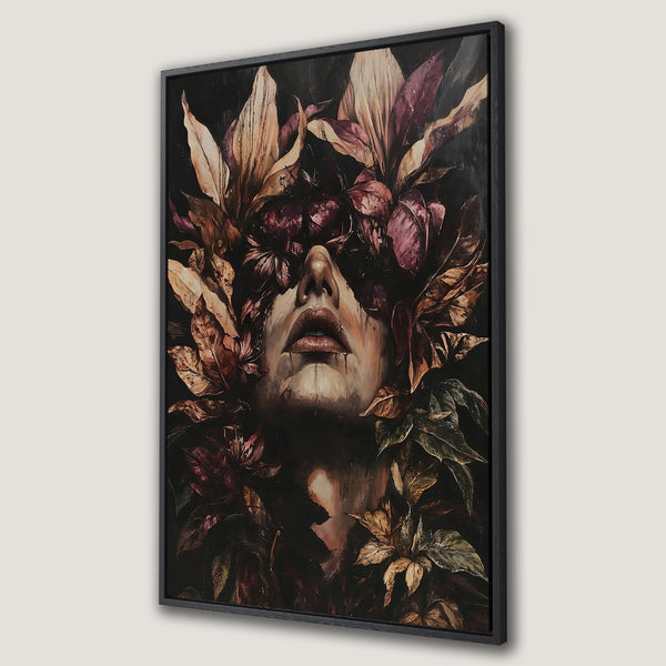 Framed Wall Art featuring a woman's face surrounded by lush, dark floral elements. Moody, artistic style with a rich palette of burgundy, brown, and gold.