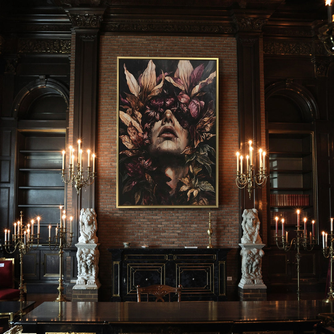 Canvas Print: Dark, gothic art featuring a woman's face surrounded by leaves. Rich burgundy and brown tones create a moody, elegant aesthetic.