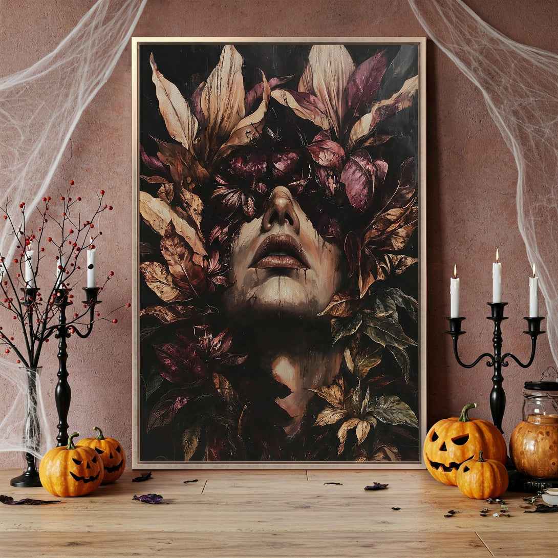 Framed Wall Art: Dark, moody portrait of a woman with floral elements, in a rich burgundy and gold palette. Perfect for Halloween decor.