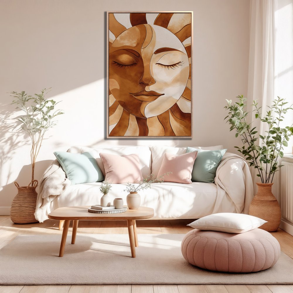 Framed Wall Art: Sun face watercolor print in warm brown tones. Boho style canvas art for living room decor.