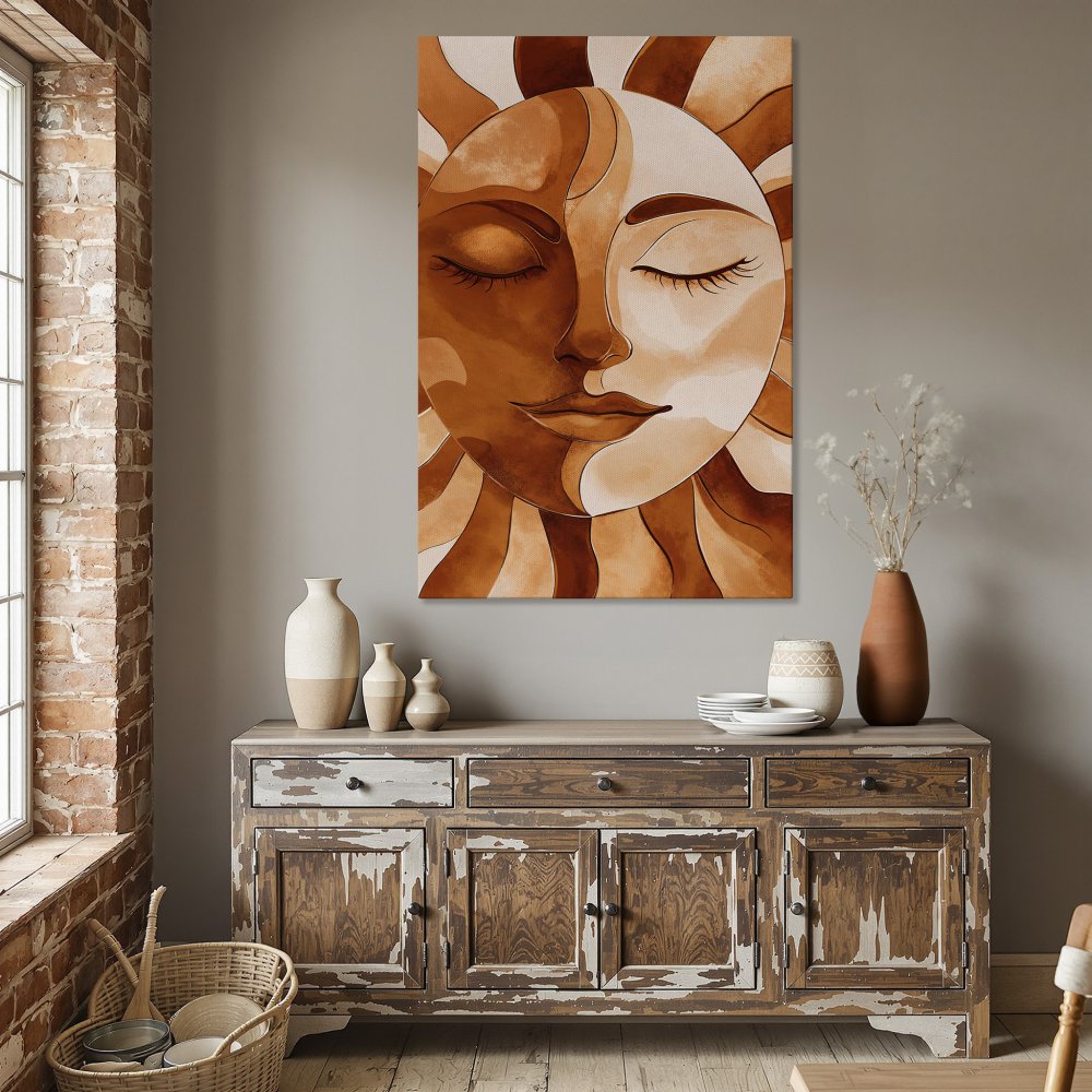 Framed Wall Art: Abstract sun face art in warm orange tones. Perfect for adding a touch of boho style to your dining room.