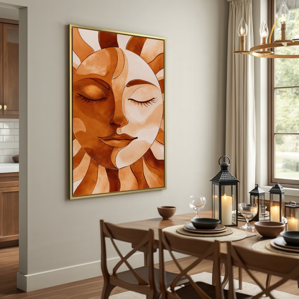 Canvas Print of a sun face in warm brown tones. Boho wall art perfect for any space.