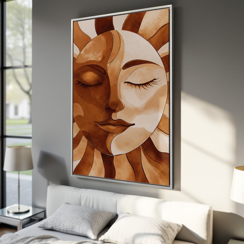 Framed Wall Art: Abstract sun face in warm browns & tans. Modern art canvas print for bedroom decor. Shop now!