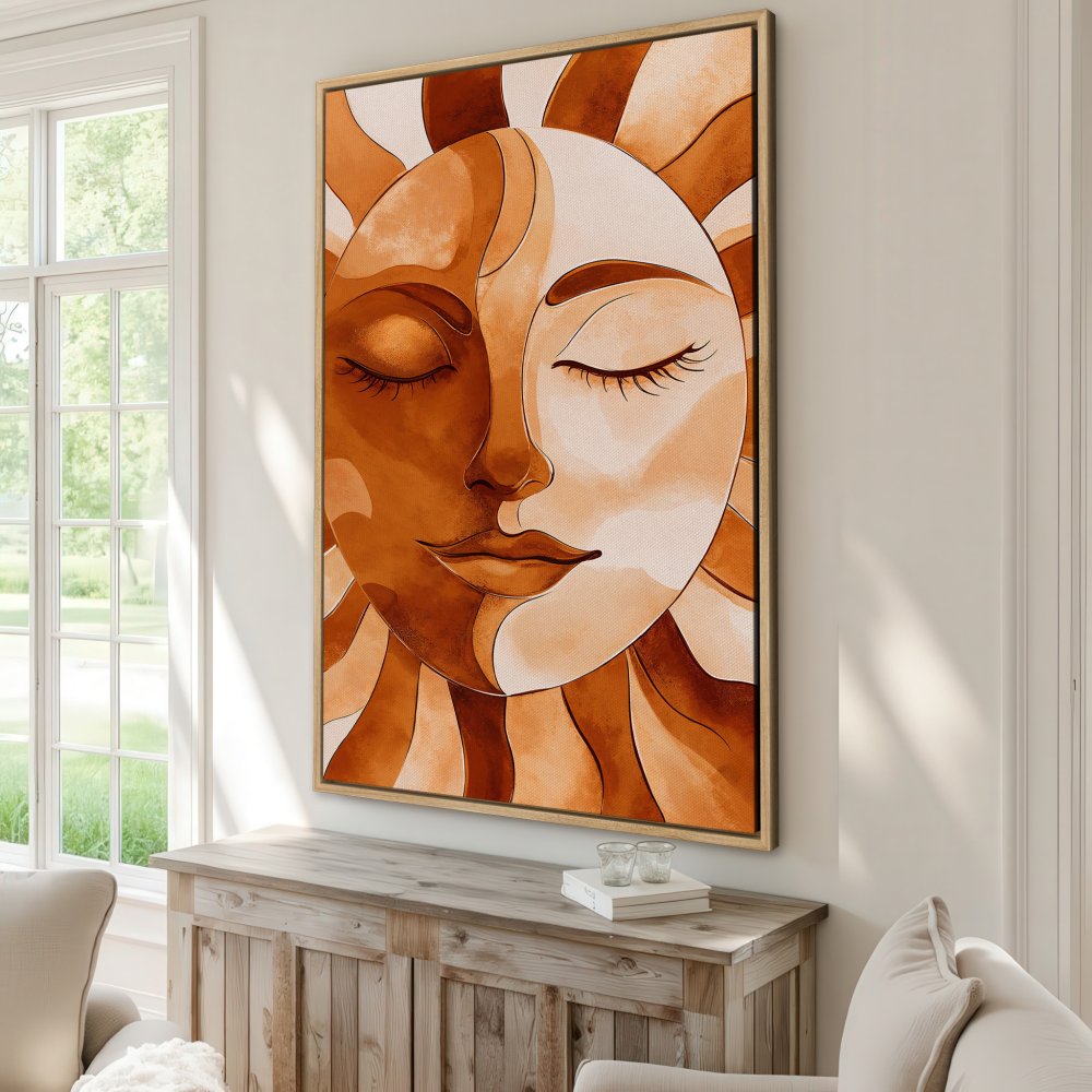 Framed Wall Art featuring a sun face illustration in warm earth tones. Perfect for adding a touch of boho style to your home decor.