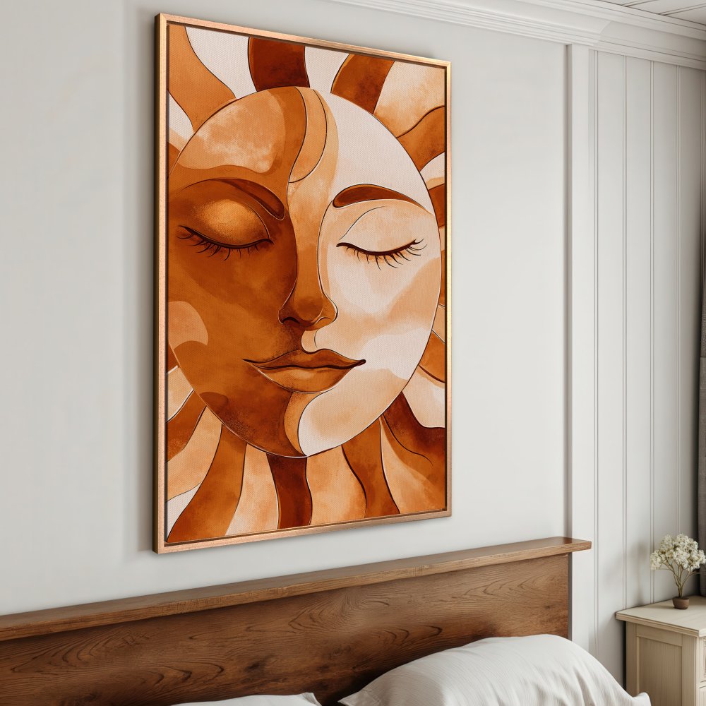 Framed Wall Art: Abstract sun face art in warm, earthy tones. Boho style canvas print adds a touch of zen to any space.