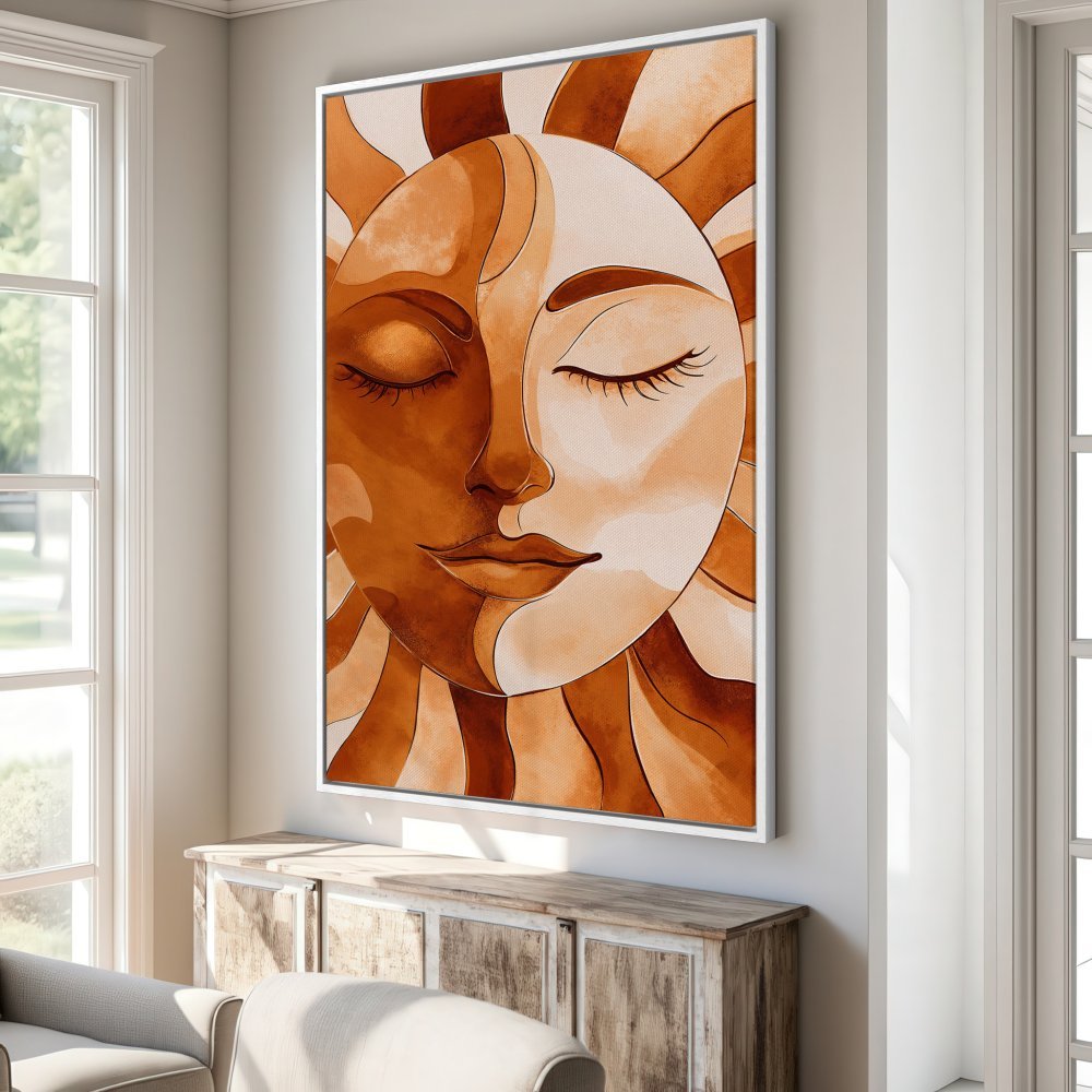 Framed Wall Art: Abstract sun face in warm orange tones. Modern art Canvas Print adds a touch of boho style to any room. Shop now!