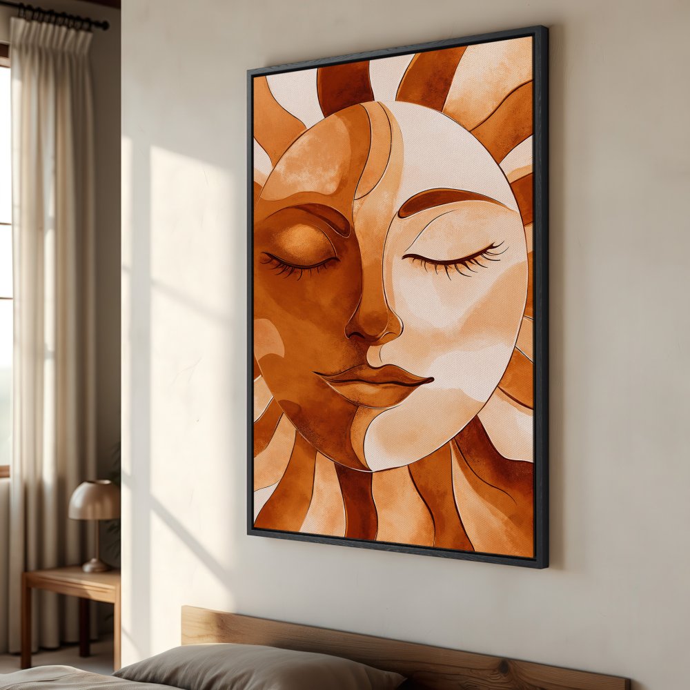 Framed Wall Art: Abstract sun face in warm orange tones. Boho style canvas print perfect for bedroom decor. Shop now!