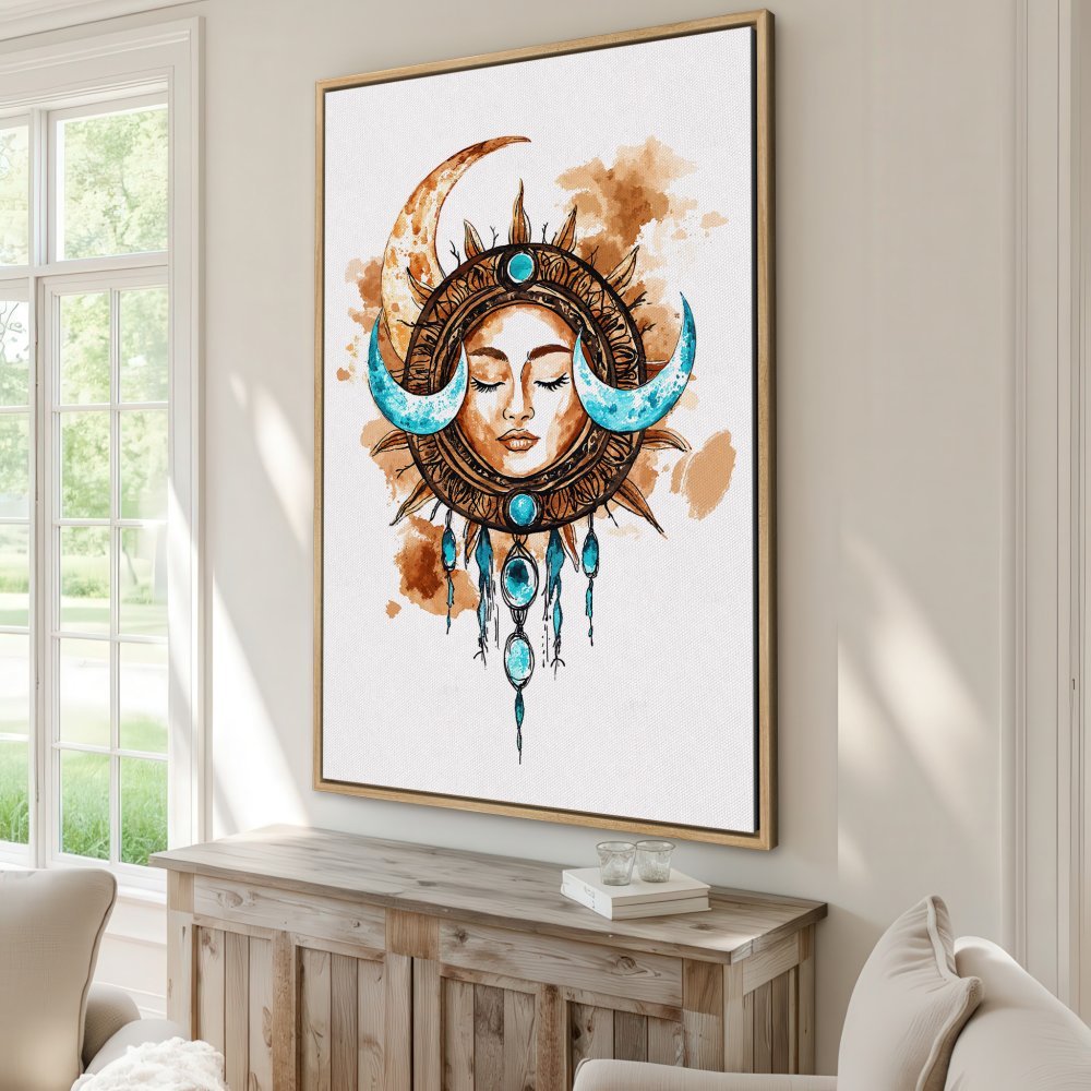 Canvas Print: Boho sun and moon art in watercolor style, featuring a warm brown and turquoise color palette. Perfect wall decor!