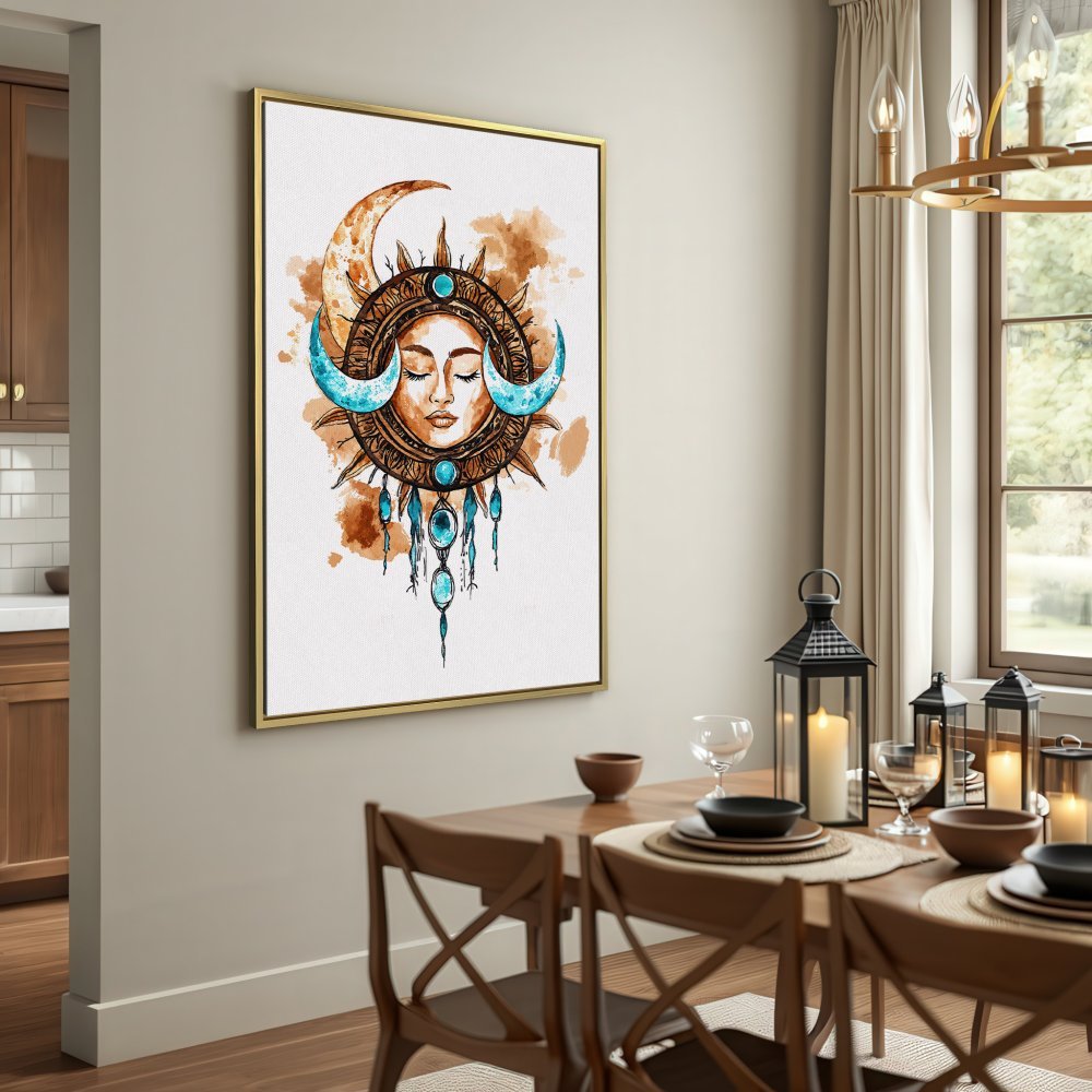 Canvas Print featuring a celestial sun and moon design in watercolor style. Earthy brown and blue color palette, perfect for boho decor.
