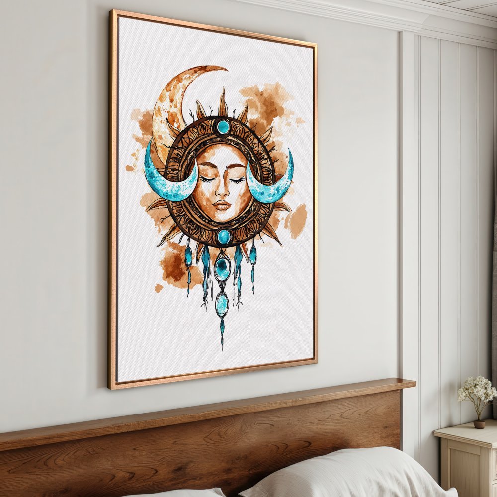 Framed Wall Art: Bohemian sun and moon watercolor print in turquoise and brown. Perfect for adding a touch of celestial style to your home!