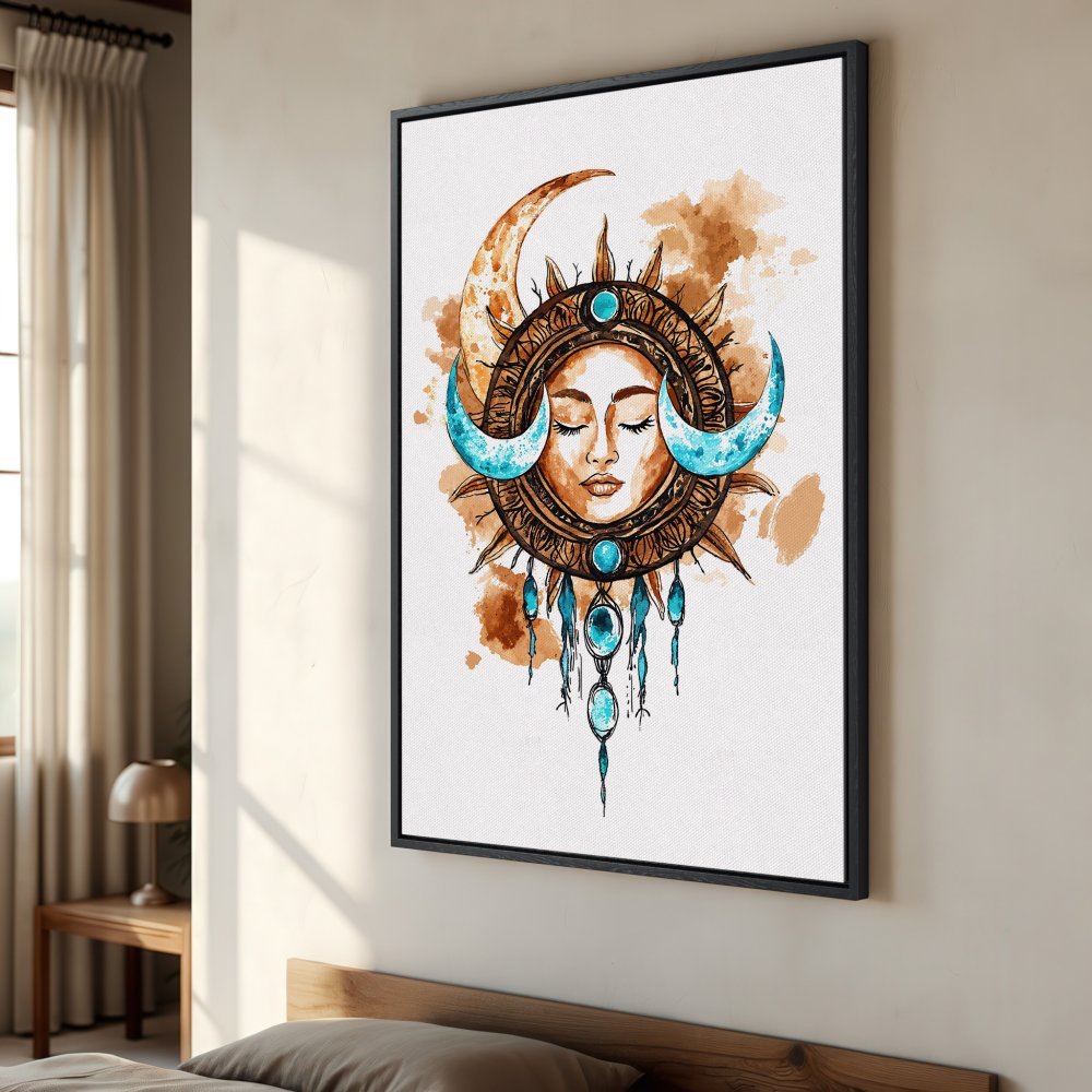Framed Wall Art: Boho sun and moon watercolor print in teal and brown, perfect for bedroom decor. Add a touch of celestial style!