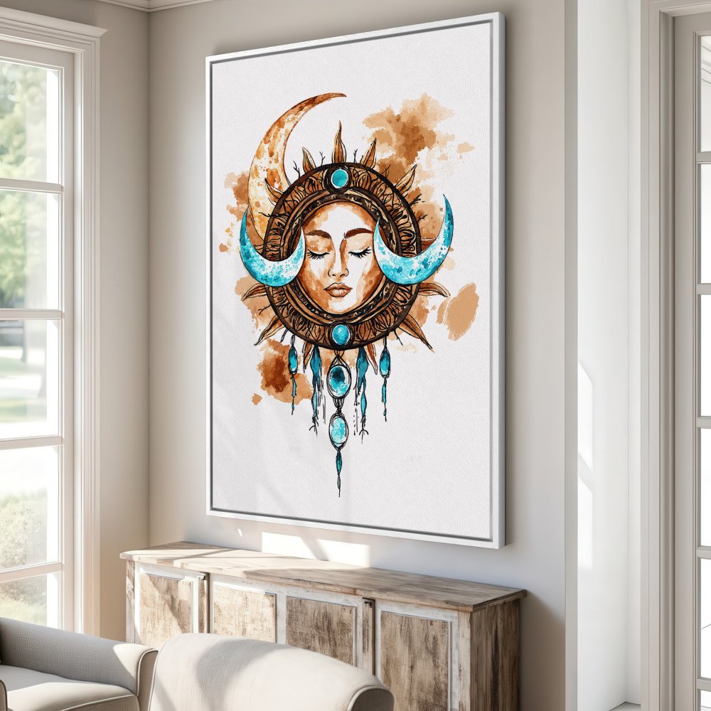 Canvas Print featuring a celestial sun and moon design in watercolor style. Earthy tones with turquoise accents. Perfect boho wall art!