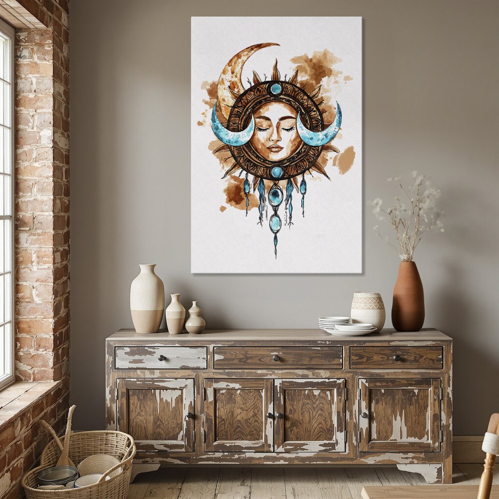 Framed Wall Art: Boho sun & moon canvas print in teal & brown. Perfect for adding a touch of bohemian style to your dining room decor.