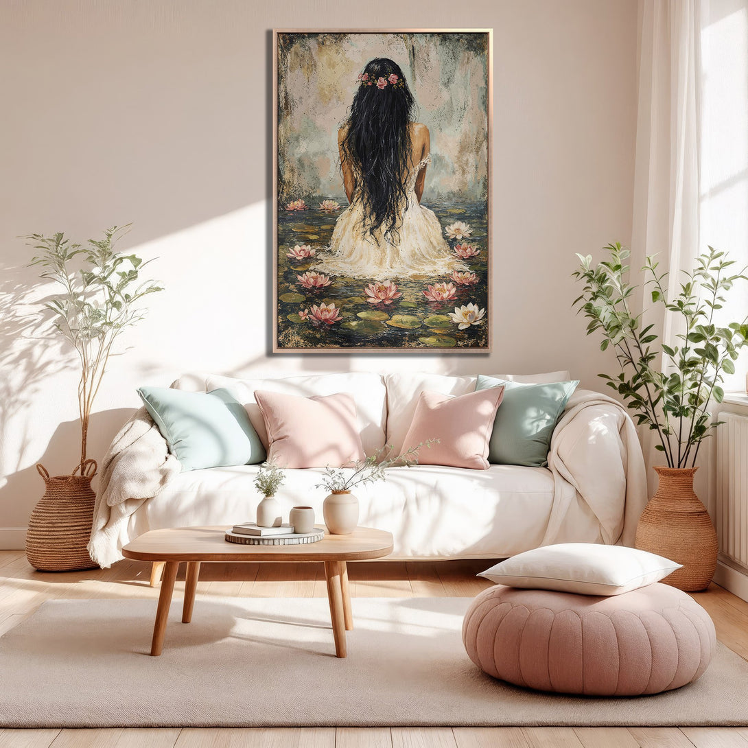 Framed Wall Art featuring a woman in a serene pond scene with a soft, pastel color palette. Perfect for adding a touch of elegance to your living room!