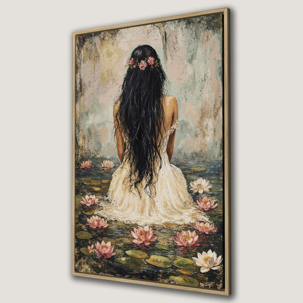 Framed Wall Art: Woman in water lilies, impressionist style, neutral & pink tones. Add tranquility to your space with this beautiful canvas print.