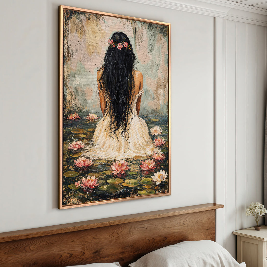 Framed Wall Art: Serene woman in water lilies, impressionist style. Soft pinks, greens, and neutrals create a calming aesthetic. Perfect for bedroom decor.