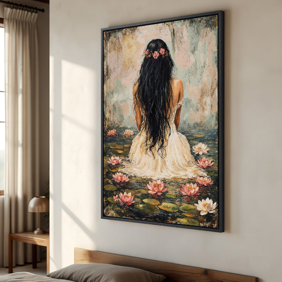 Framed Wall Art: Woman in water lilies, impressionist style, neutral & pastel color palette. Perfect bedroom decor. Canvas print for sale.