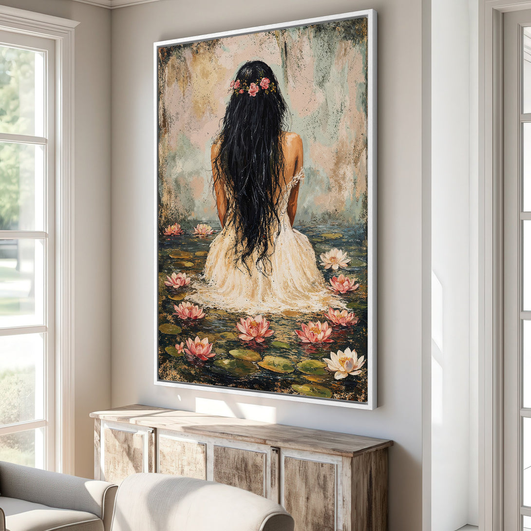 Framed Wall Art: Woman in water lilies, impressionistic painting with soft pink & green tones. Perfect for adding a touch of elegance to any space.