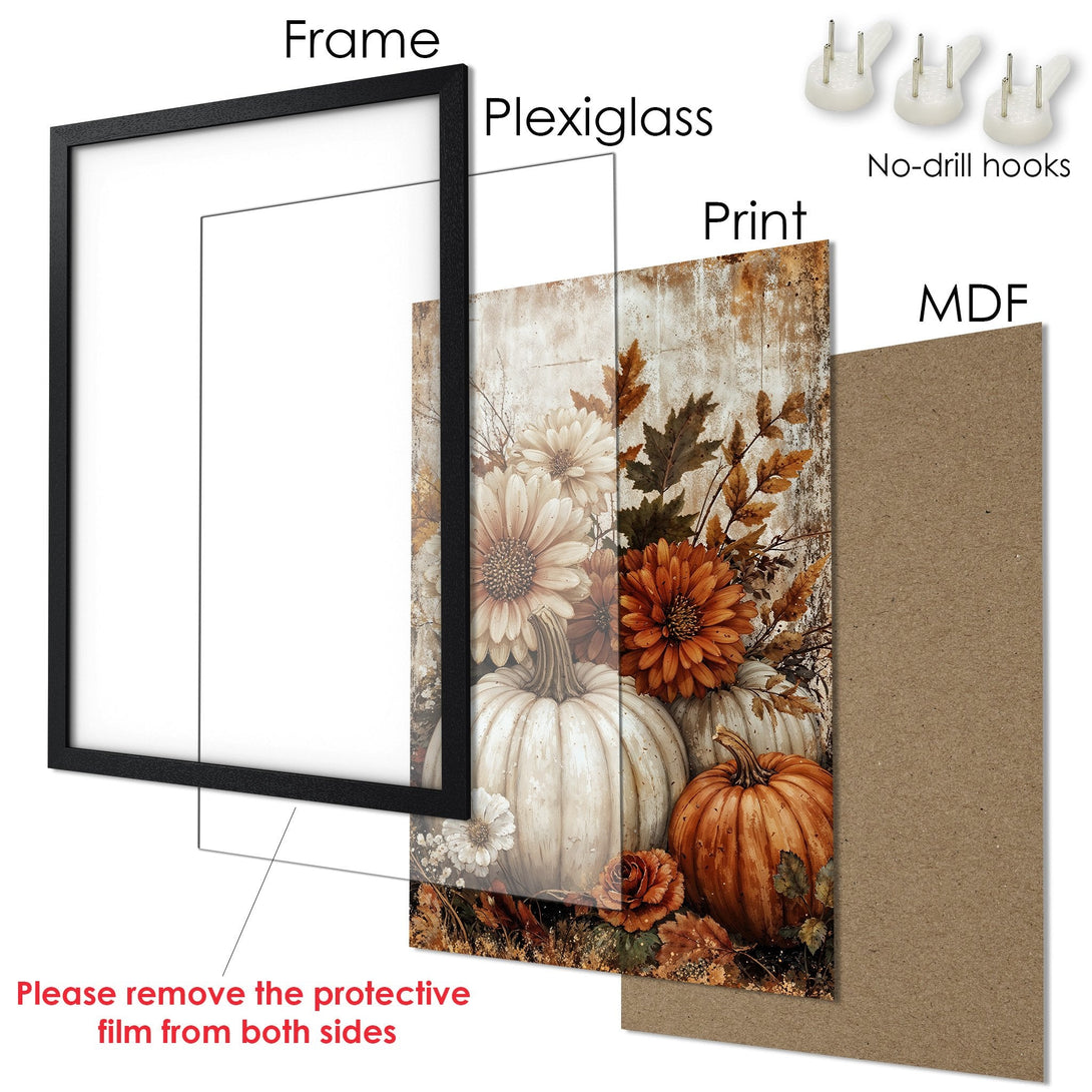 Framed Poster featuring pumpkins and flowers in a rustic style with a warm, autumnal color palette. Perfect fall decor!