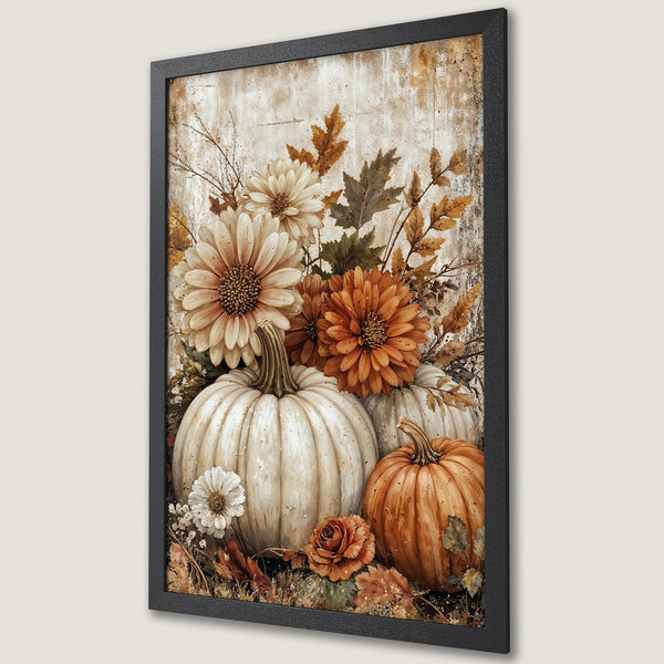 Framed Poster featuring pumpkins and flowers in a vintage style, with a warm, autumnal color palette. Perfect fall decor!
