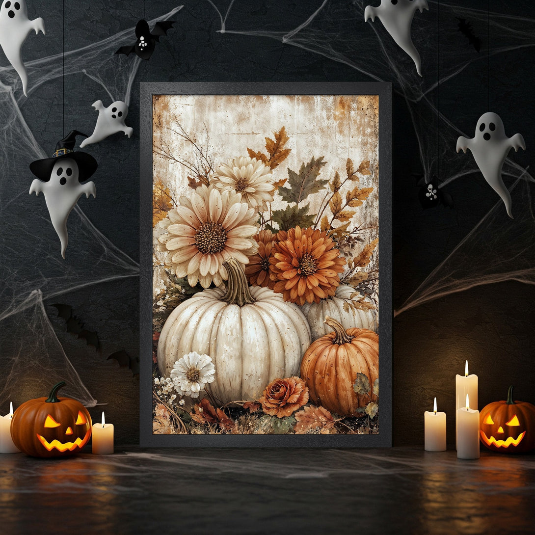 Framed Poster featuring pumpkins and flowers in a vintage style, with a warm, autumnal color palette. Perfect Halloween decor!