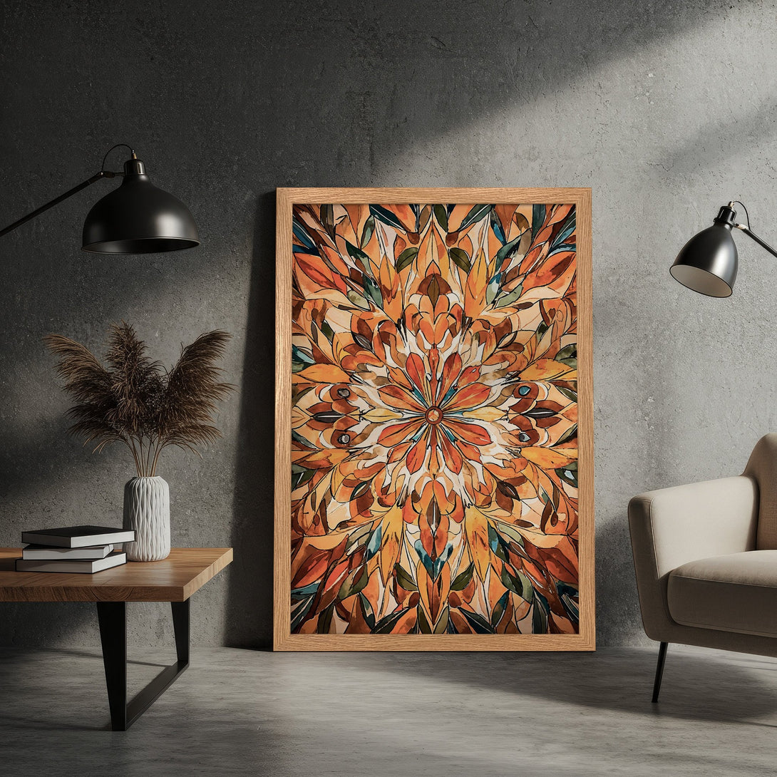 Framed Poster featuring an abstract floral design in warm orange and brown tones. Modern art style, perfect for home decor.