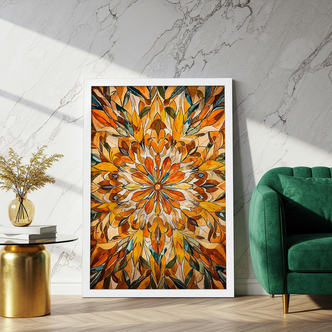 Framed Poster featuring a vibrant floral design in warm orange and yellow tones. Perfect art for modern home decor.