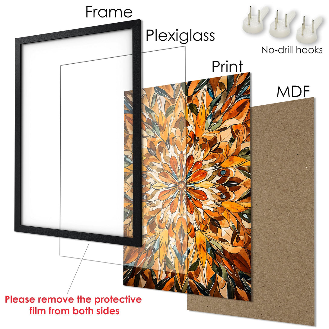 Framed Poster featuring a vibrant abstract floral design in warm orange and yellow tones. Perfect wall art for any space!